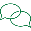 Line art drawing of two intersecting speech bubbles.