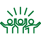 Green icon showing three people cheering together