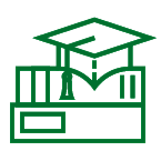Green icon showing a stack of books and a graduation cap on top