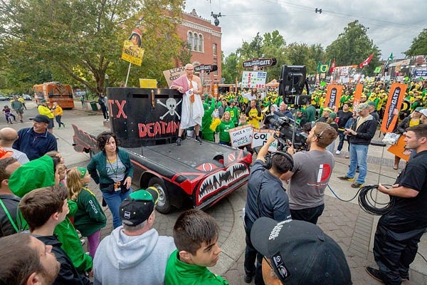 Replica of Animal House car during a GameDay skit