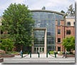The front of the Lillis Business Complex in spring with a buckeye tree in full bloom