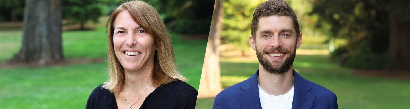 Collage of head shot photos of Lauren Anderson (left) and Jeff Sorenson (right) with a diagonal dividing line in the middle between the two photos