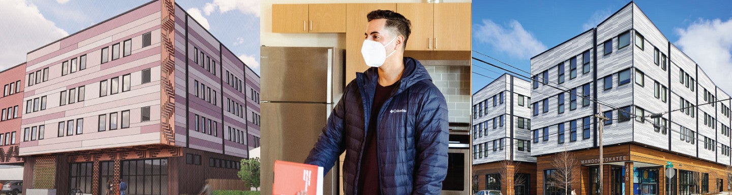 Collage of three images with two images of four story apartment buildings on right and left side of the image and a picture of Oscar Arana in the middle image wearing a n-95 mask while showing people on of the apartments.
