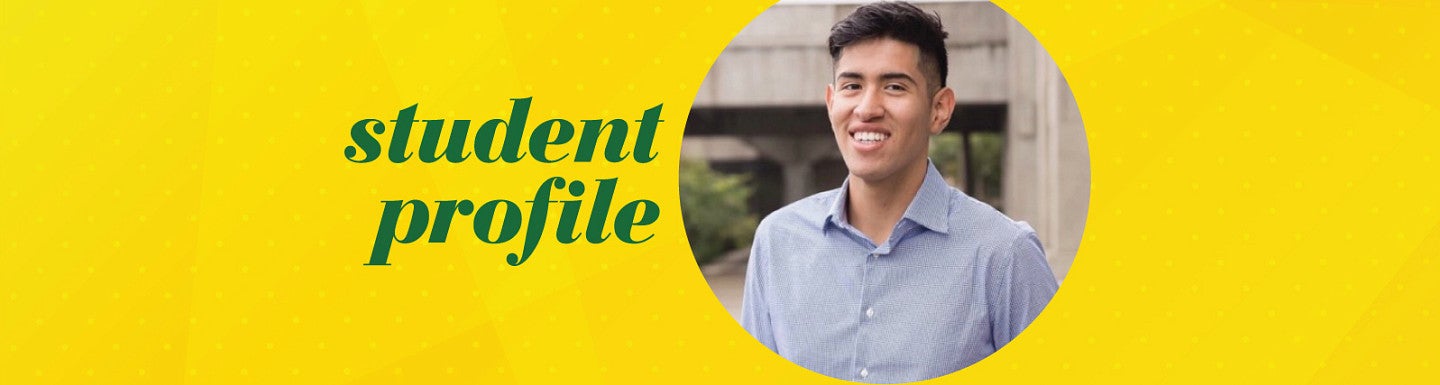 Circular portrait photo of Ernesto Buendia Hernandez in the middle of a yellow background with the words "Student Profile" to the left of his image