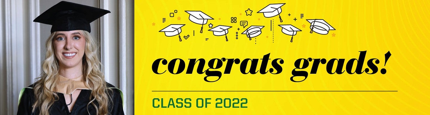 Photo of Mackie Swan wearing a cap an gown with an illustration image containing the words Congrats Grads: Class of 2022