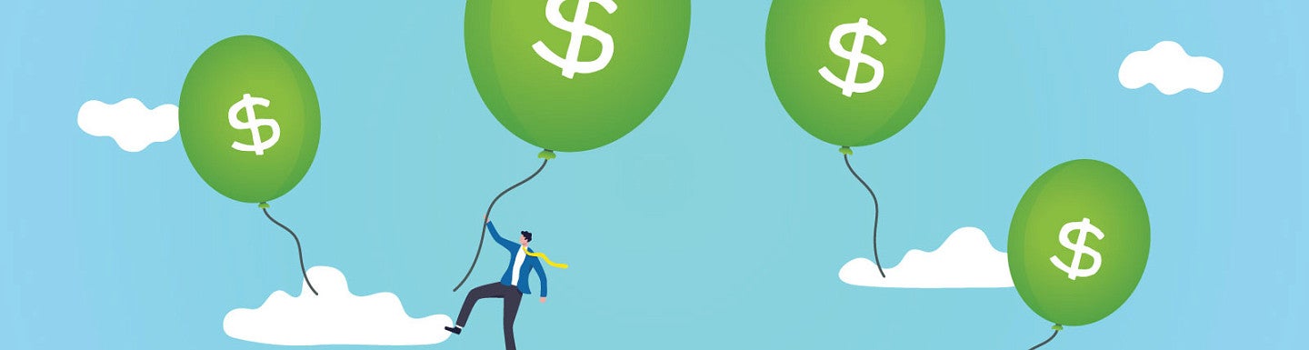 Simple digital art design of a person holding onto the string of a floating balloon with a dollar sign on it