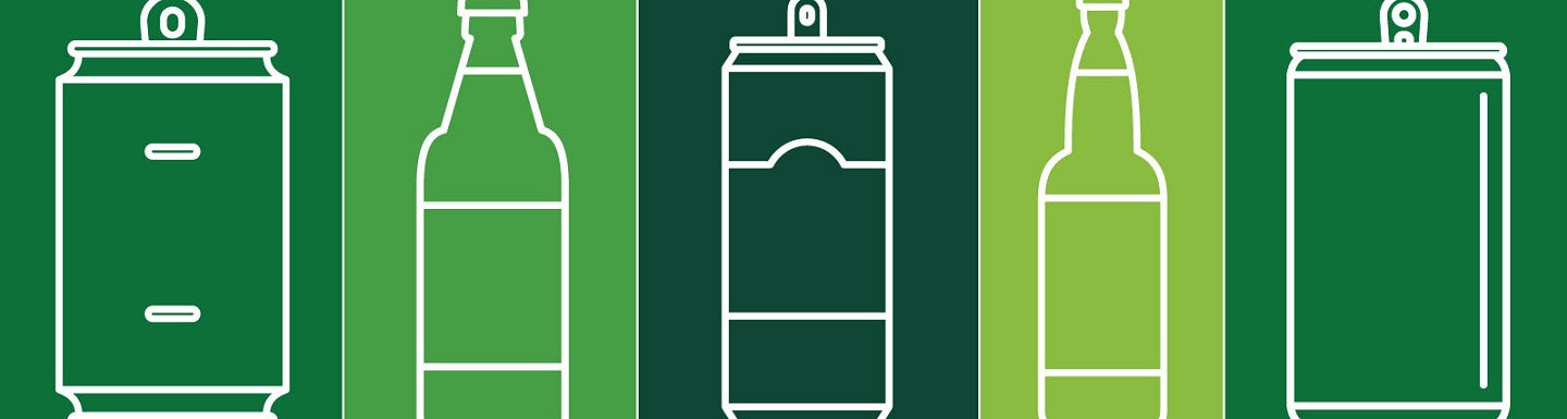 Lineart designs of various beverage containers lined up in a row