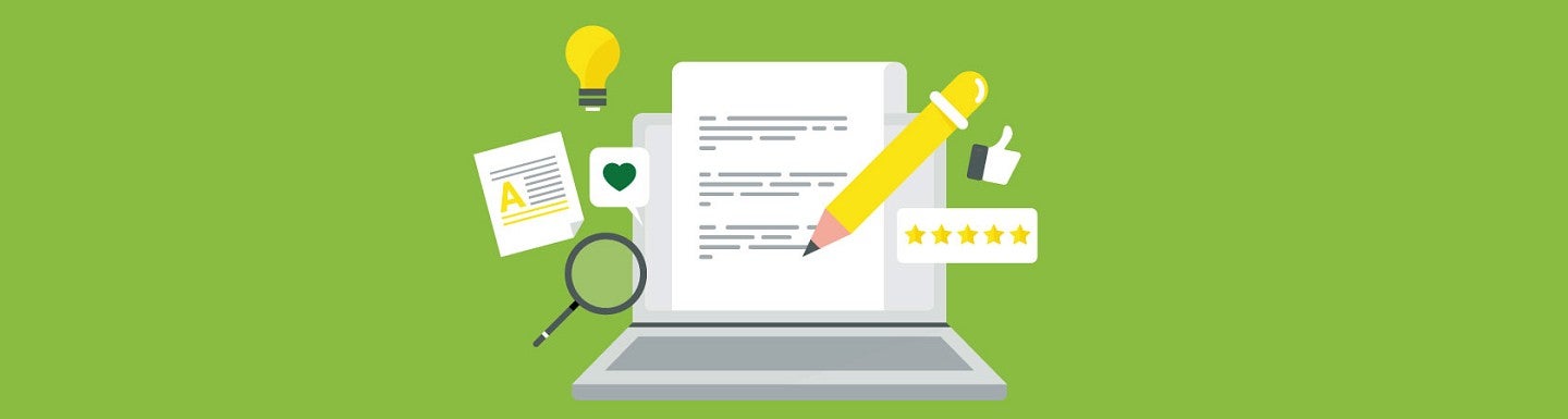 Digital illustration of a laptop with an open document, pencil, magnifying glass, and other objects