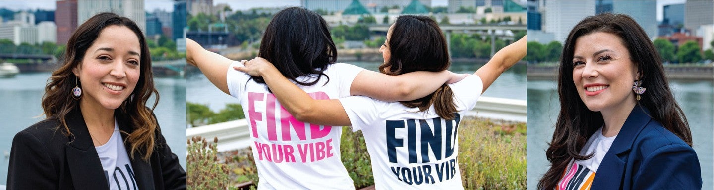 Paloma Founders Alyssa Varela McKee and Jana Chapman pose in front of the Portland skyline.