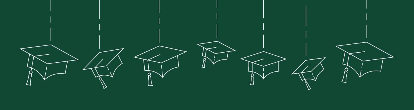 Simple digital line art of graduation caps lined up in a row