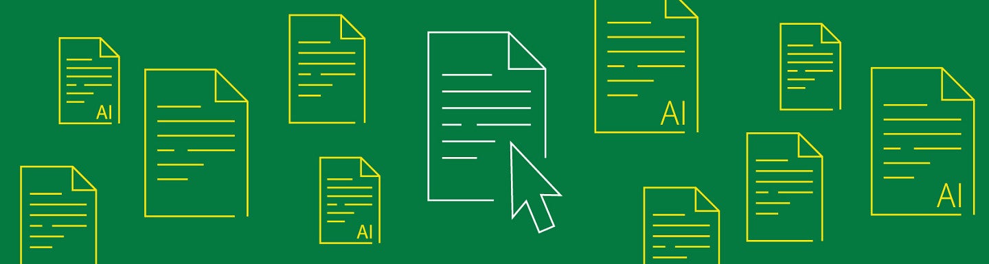 Simple lineart icons of pieces of note paper, half of which have the text -AI- in the corner