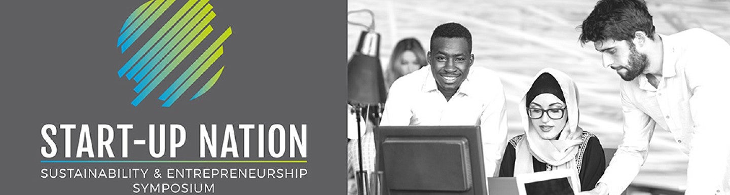 Illustration with Start-Up Nation event logo with a photo showing a diverse set of students working together