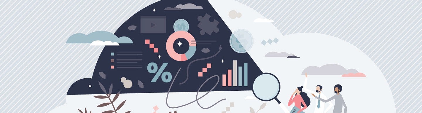 Digital art of three people holding a giant magnifying glass up to a cloud, revealing math symbols