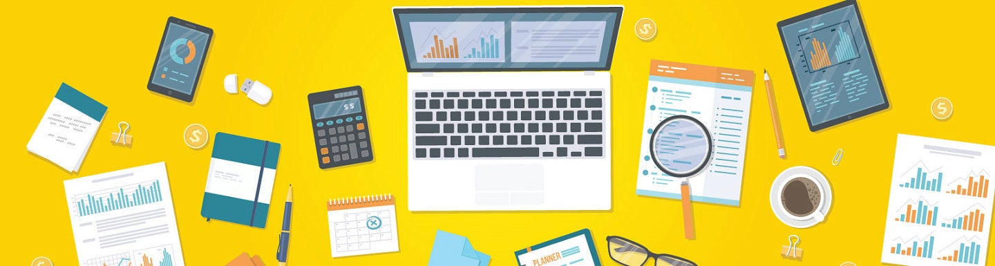 Digital artwork representing an aerial view of a desktop, including a laptop, glasses, calculator, coffee, and more