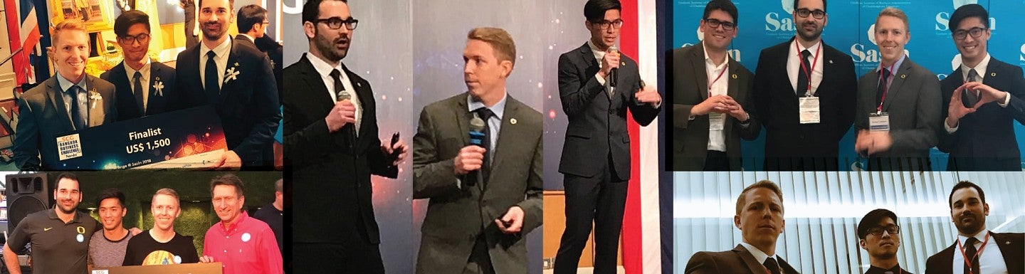 Collage of images showing the three Oregon MBA students from Feros pitching their startup in Thailand