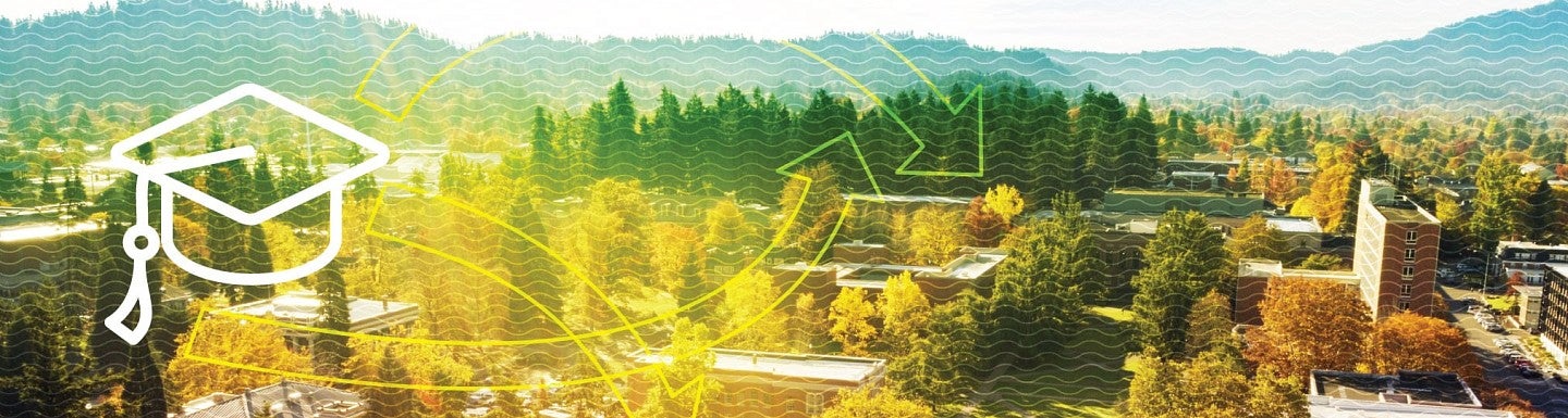 Aerial view of UO campus with graphic icon of graduation cap and arrows
