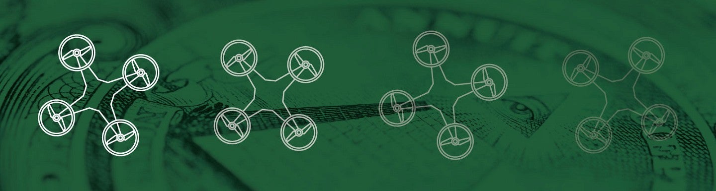 Graphic icon art of a personal drone in white against a green background