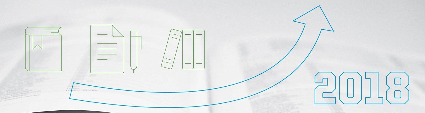 Graphic of upward-pointing arrow with 2018 against background of paperwork