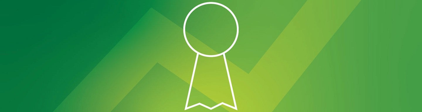 White icon lineart of an award ribbon against a green background