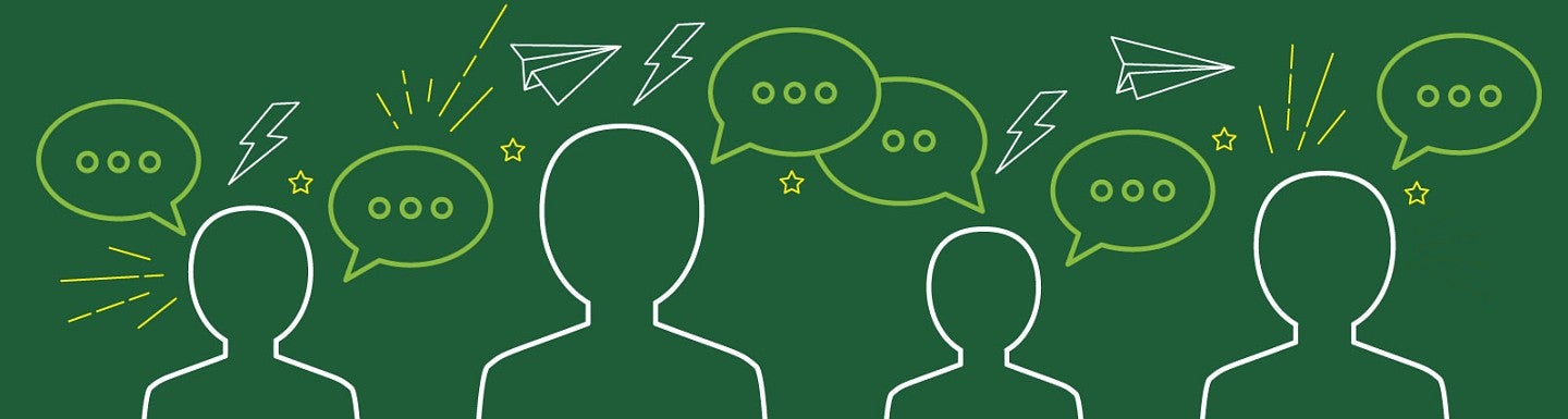 White lineart of human silhouettes and speech bubbles against a dark green background