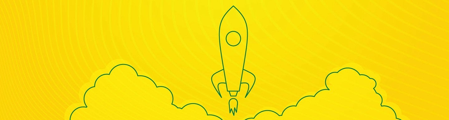 Green icon lineart of a rocket on a yellow background