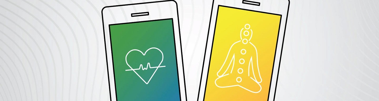 Graphic design illustrating two cellphones. One screen displays a heart with EKG symbols against a green and blue background while the other displays a meditating person with chakra points against a yellow background.