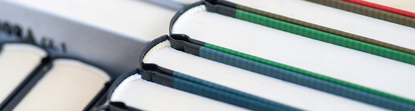 Close up photo of book bindings