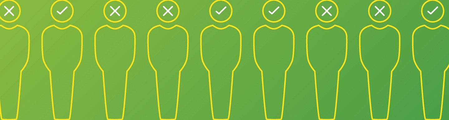 Icons of human silhouettes in a line with checks or pluses within each