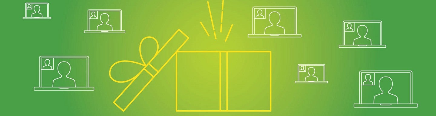 Lineart icons of faces on computer screens along with a giftbox