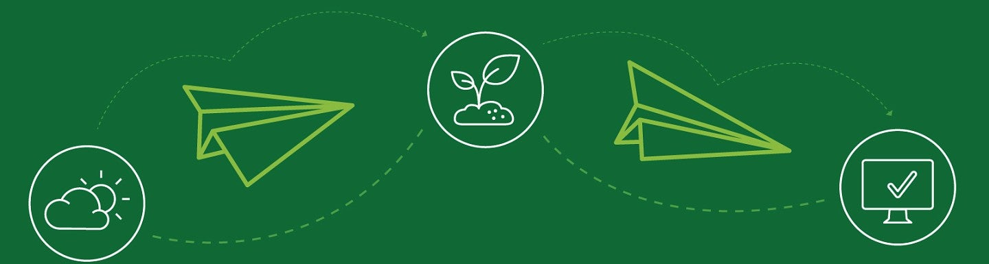 Icons representing sustainability and paper airplanes against a green background