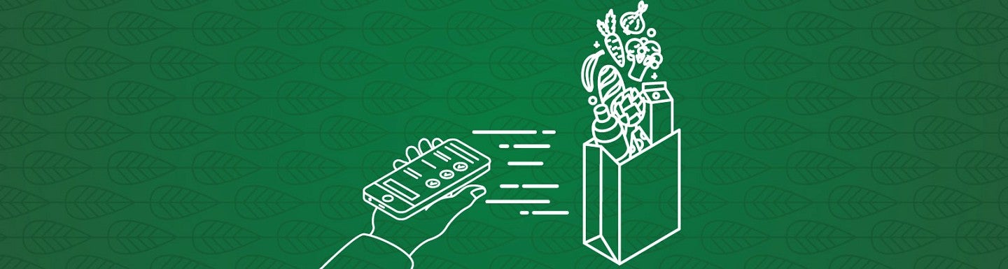 Graphic design lineart of a hand holding a smart phone and a bag of groceries