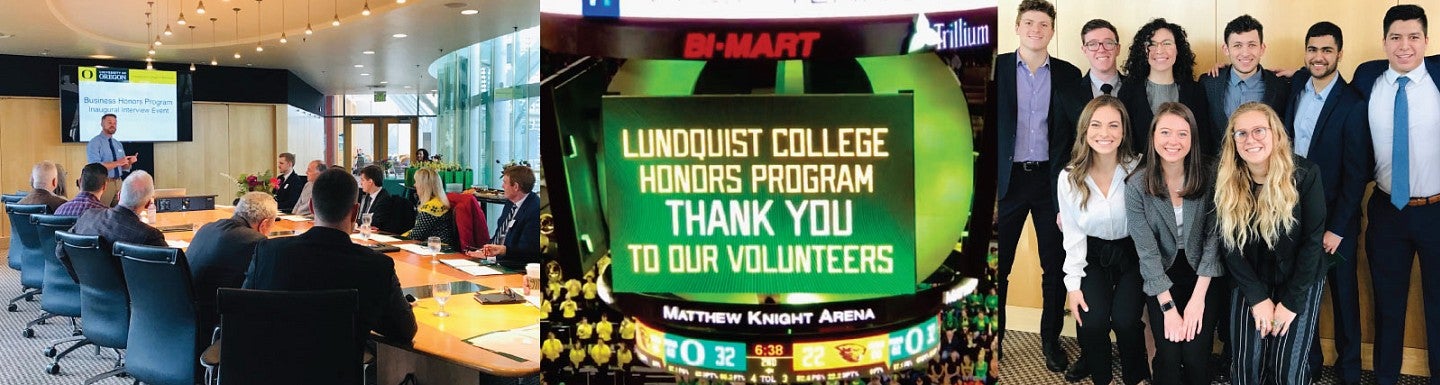 A collage of photos of honors students meeting with honors alumni