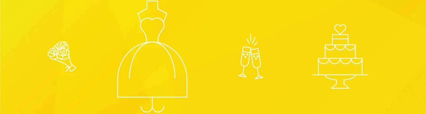 White lineart icons of items representing wedding planning against a yellow background