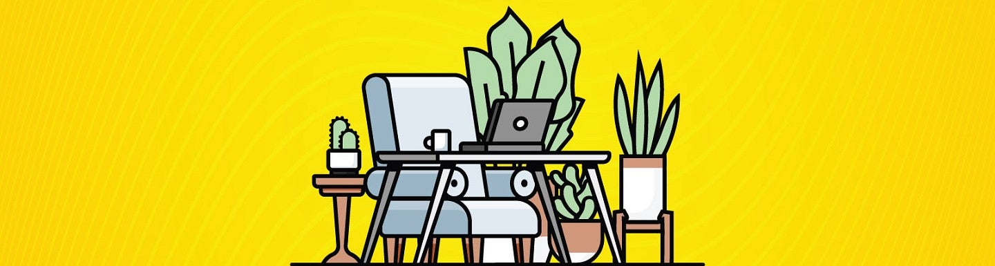 Illustration of an armchair, laptop table, and houseplants against a yellow background