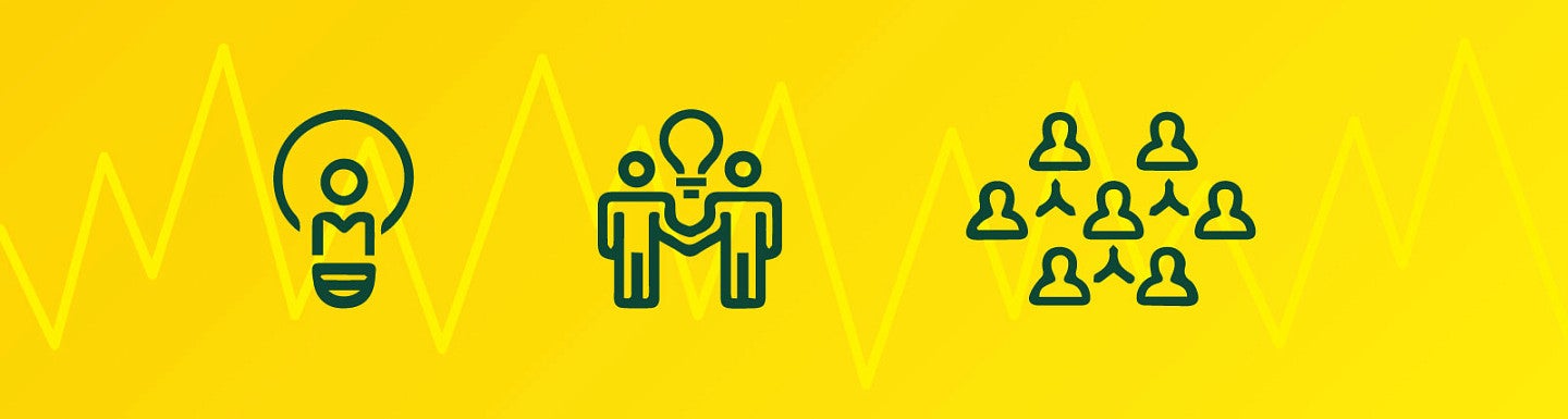 Iconography of a light bulb, two people with a lightbulb between them, and a group of people