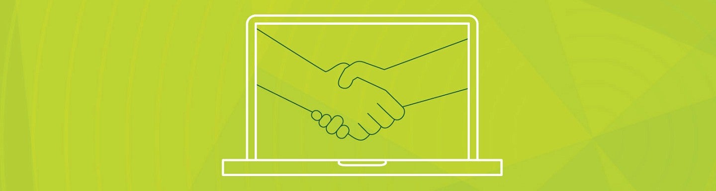 Green icon lineart of two hands shaking on a computer screen