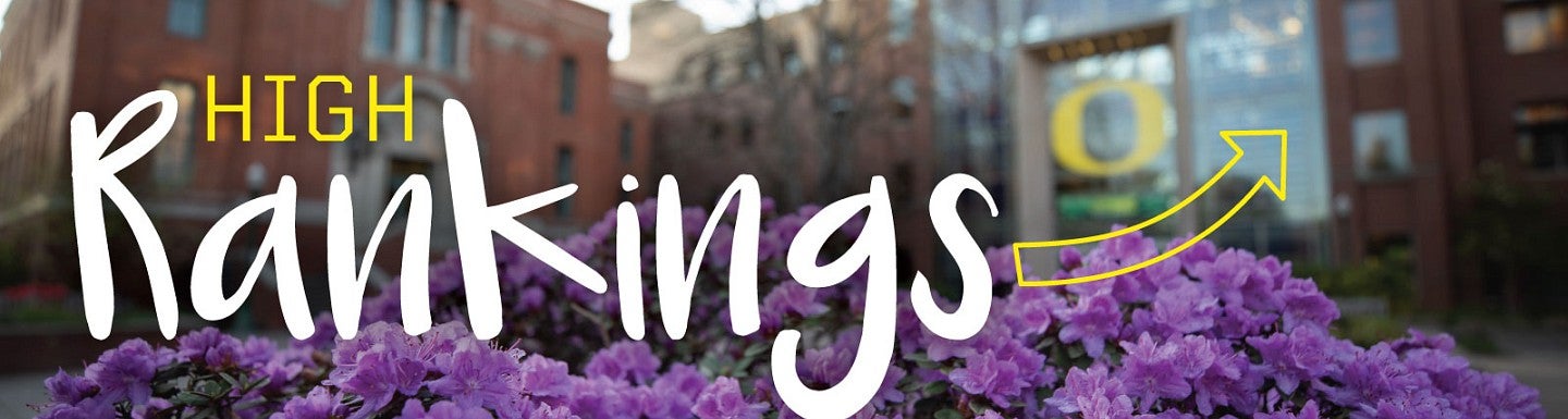 The phrase High Rankings with upward arrow iconography against a blurred background of the exterior of the Lillis building