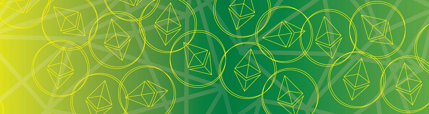 Yellow geometric design representing bitcoin on green backdrop
