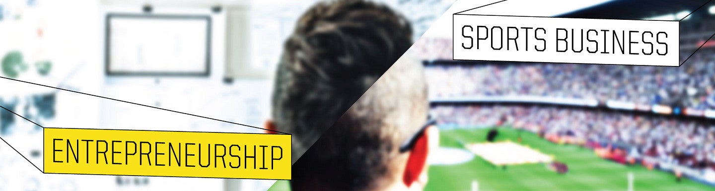 Graphic of entrepreneurship and sports business labels over a background of a person in the stands of a stadium
