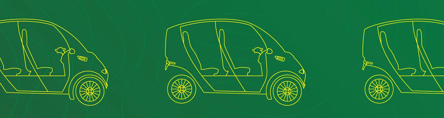 Yellow lineart of an arcimoto car against a dark green background