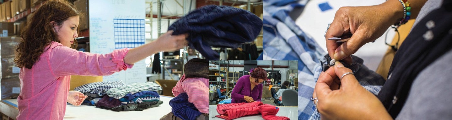 Collage of photos of The Renewal Workshop creating recycled clothes