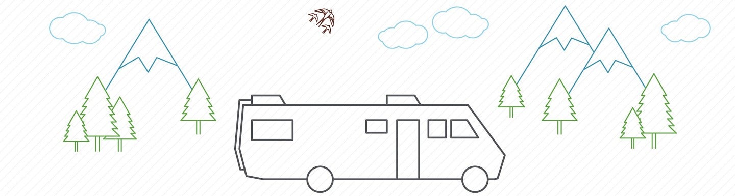 Illustration showing and RV with mountains and trees on a white stripped background