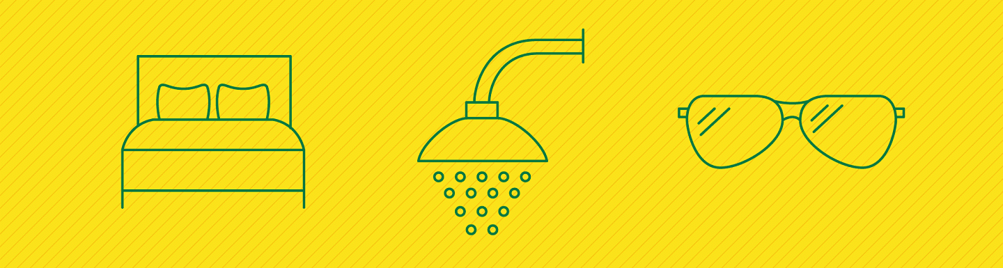 Graphic icons of a bed, shower, and sunglasses