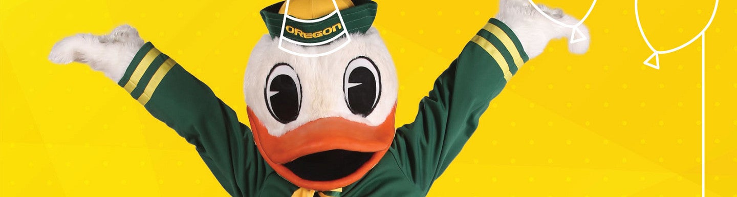 Photo of the Duck against a yellow background with white lineart icons of balloons