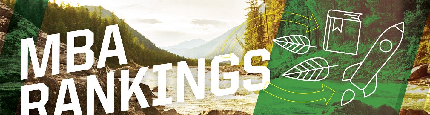 MBA Rankings and icons in white against background of Oregon river scene