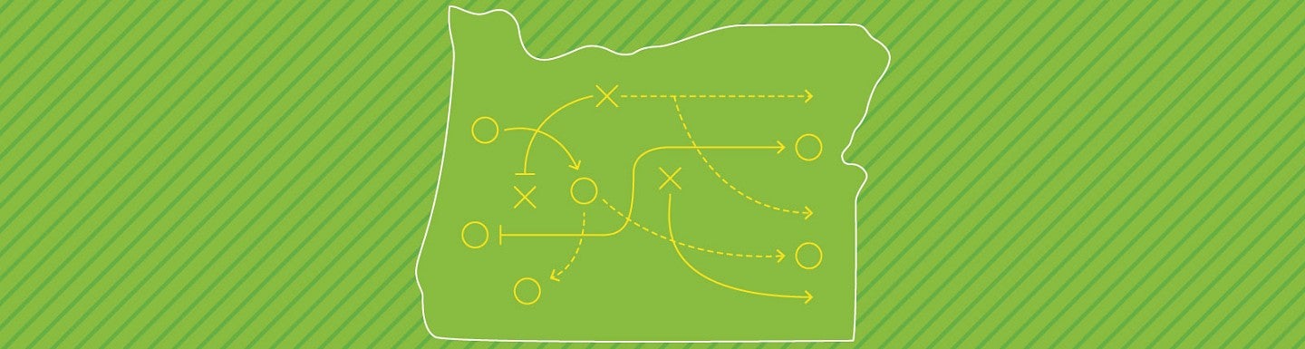 Lineart of Oregon state against a bright green background