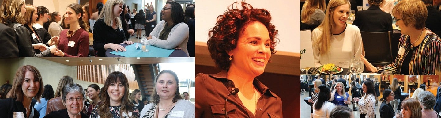 Collage of photos of students and donors networking at the 2018 Women in Business gala