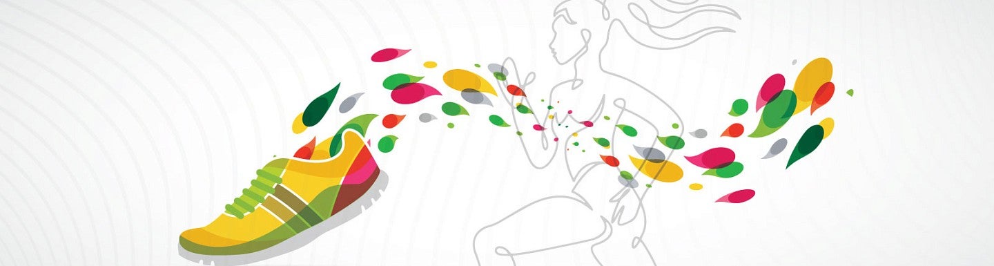 A lineart graphic of a woman running along with a colorful shoe design