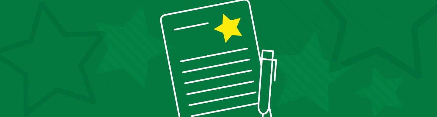 Lineart icon of a paper and pen against a background of green stars