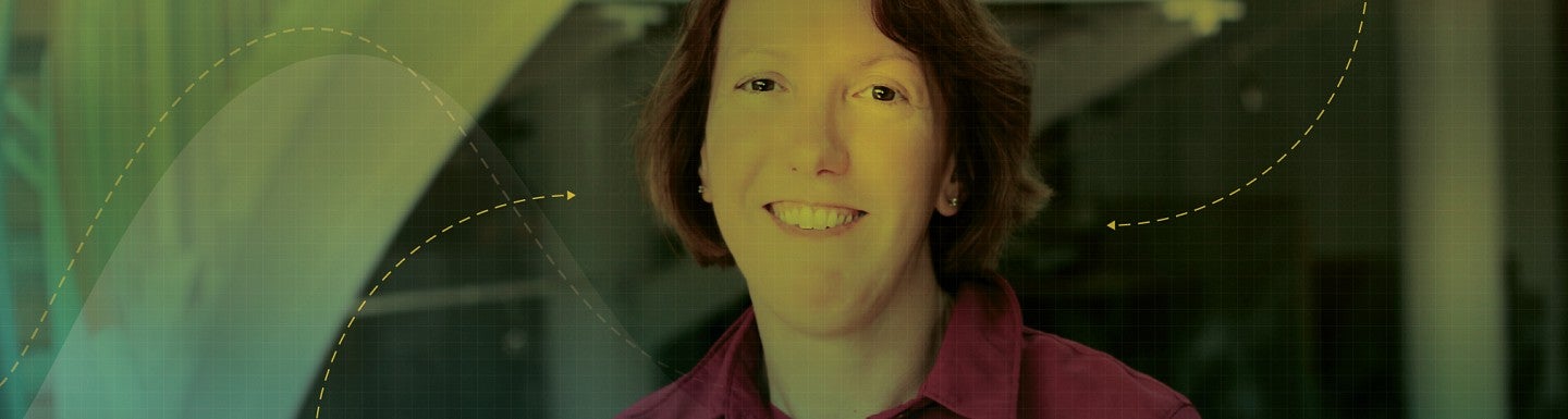 Illustration photo of Associate Professor Anne Parmigiani with a green and yellow cover overlay, grig overlay, and some arrows
